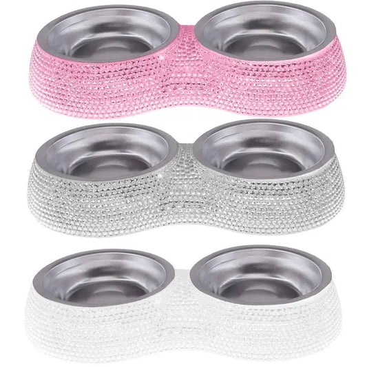 Rhinestone Bling Stainless Steel Pet Bowls Double Food Water Feeder