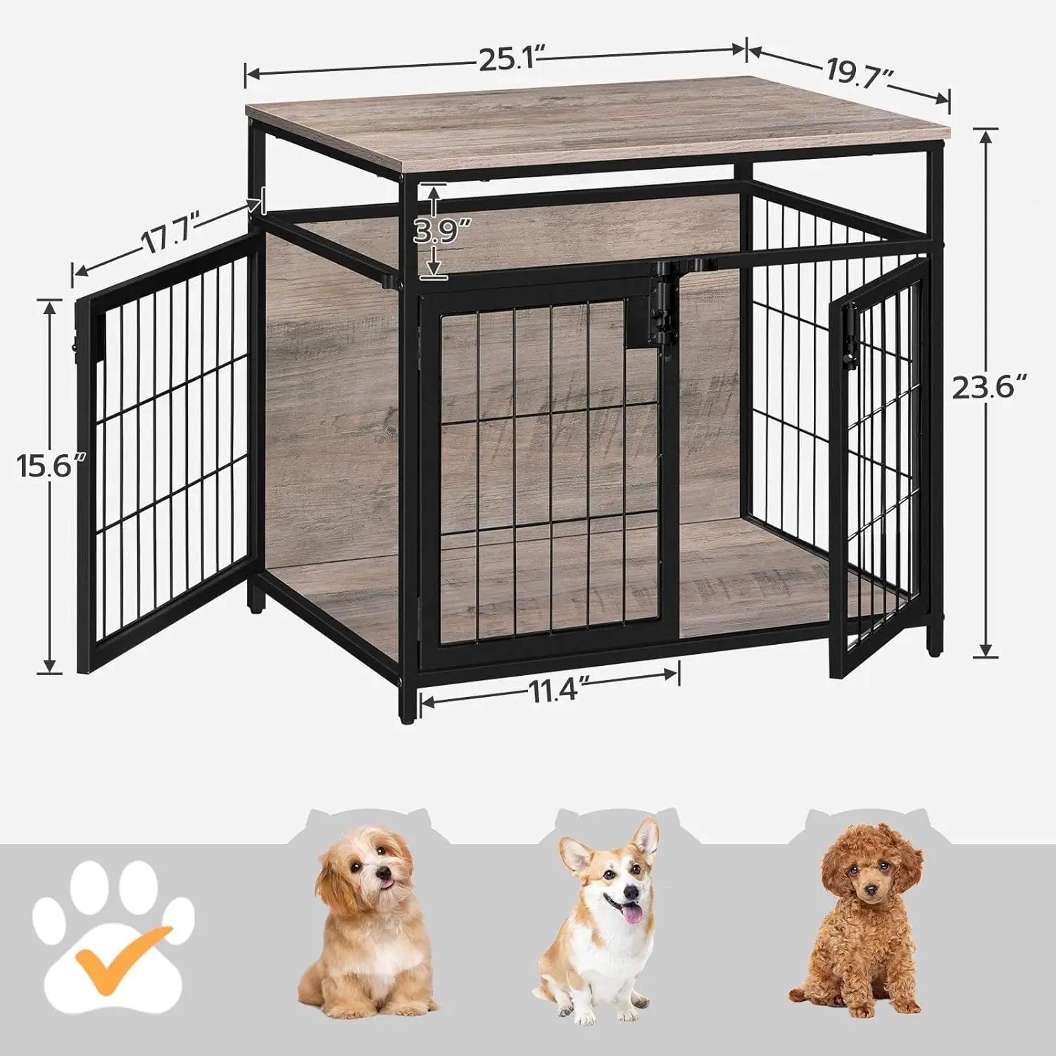 Dog Crate Furniture, 25.1 Inches Wooden Dog Crate, Dog Kennels Indoor with 3 Doors, Decorative Pet House End Table