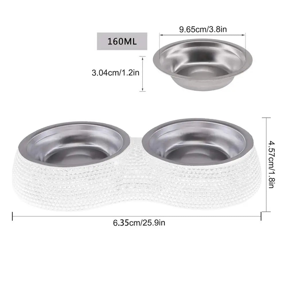 Rhinestone Bling Stainless Steel Pet Bowls Double Food Water Feeder