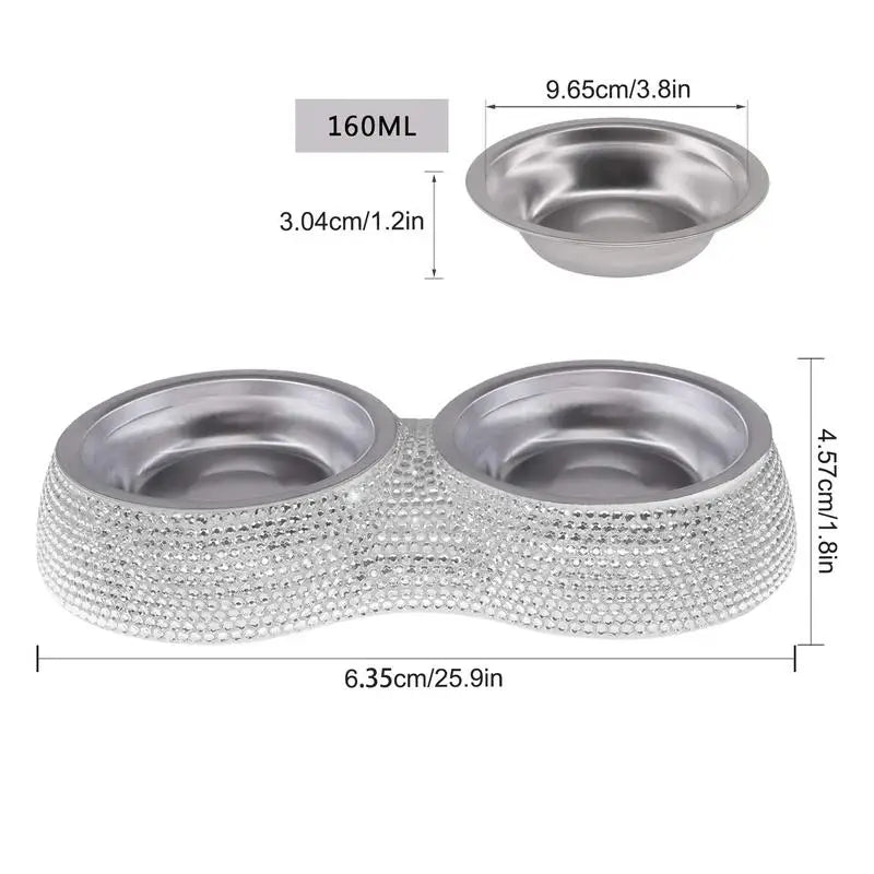 Rhinestone Bling Stainless Steel Pet Bowls Double Food Water Feeder