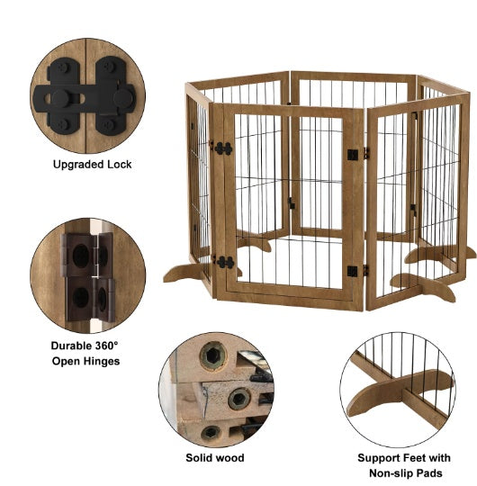 Dog Gate With 144 Extra Wide 32 Tall 6 Panels Foldable  Pet Gate Barrier For House Doorway Stairs Pet Safety Solid Hard Wood Fence Support