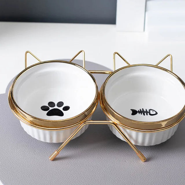 Cat Ceramic Bowl Pet Feeder with Metal Stand Elevated Feeding Raised Dish