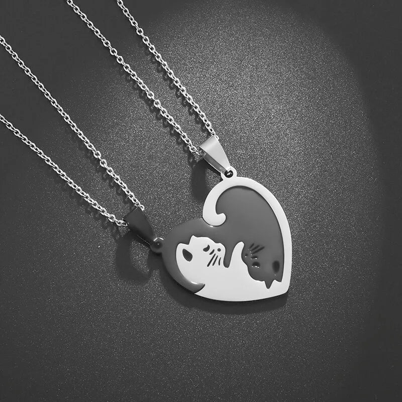 Hot Hug Love Cat Pairing Couple Necklace Fashion Stainless Steel For Men Women Best Friend Jewelry Gift