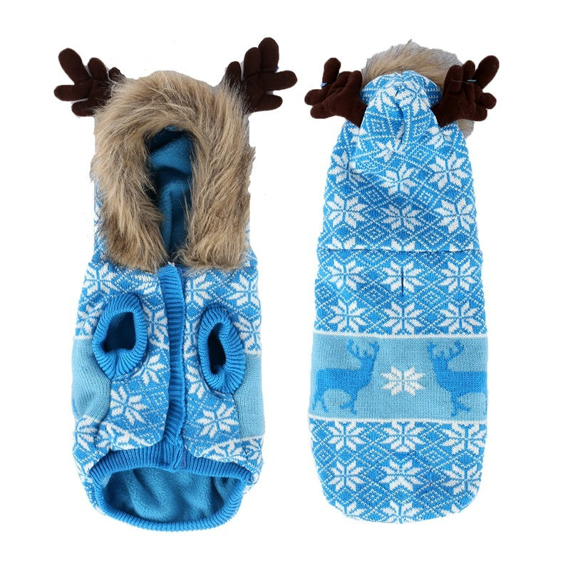 Christmas Elk Vintage Hooded Fur Collar Pet Clothes