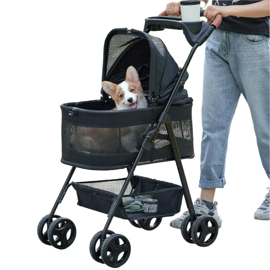 3 in 1 Folding Dog Stroller, 4 Wheels Dog/Cat Puppy Stroller w/Removable Travel Carrier for Small/Medium Pet