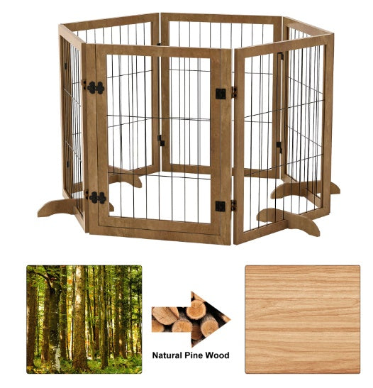 Dog Gate With 144 Extra Wide 32 Tall 6 Panels Foldable  Pet Gate Barrier For House Doorway Stairs Pet Safety Solid Hard Wood Fence Support