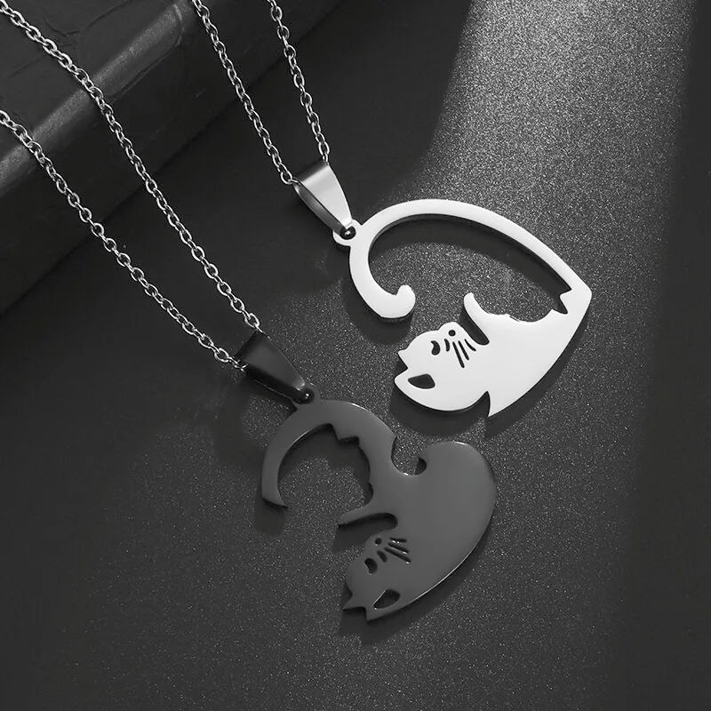 Hot Hug Love Cat Pairing Couple Necklace Fashion Stainless Steel For Men Women Best Friend Jewelry Gift