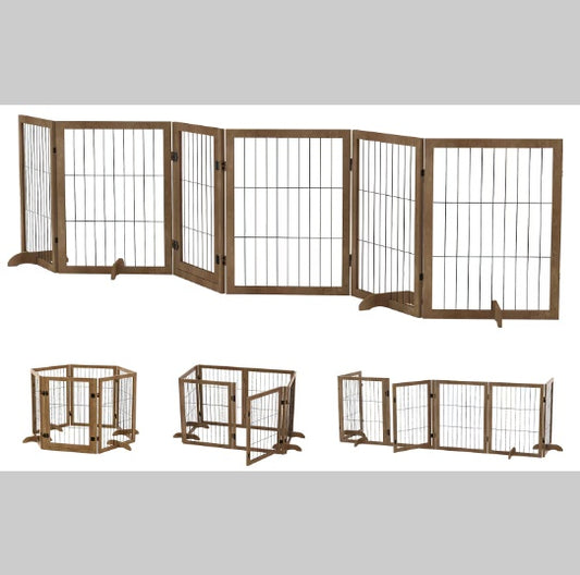 Dog Gate With 144 Extra Wide 32 Tall 6 Panels Foldable  Pet Gate Barrier For House Doorway Stairs Pet Safety Solid Hard Wood Fence Support