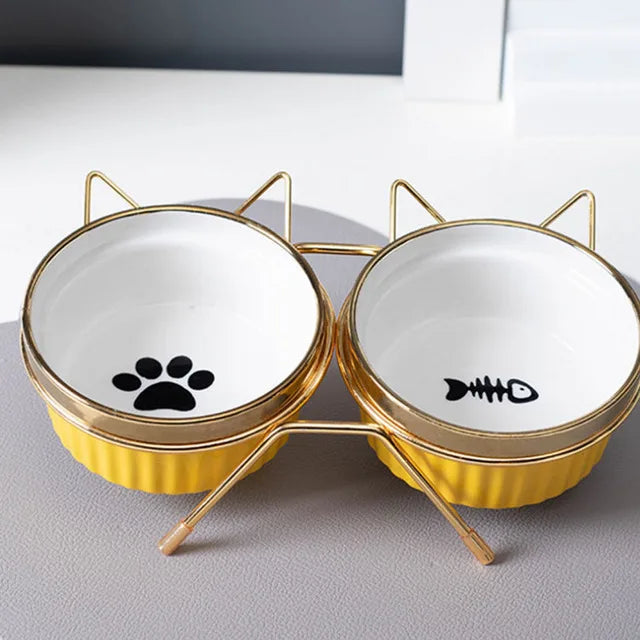 Cat Ceramic Bowl Pet Feeder with Metal Stand Elevated Feeding Raised Dish