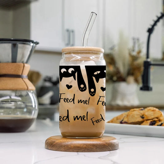 Cat Pattern 3d Printed 16oz Glass Mug With Lid & Straw Gifts