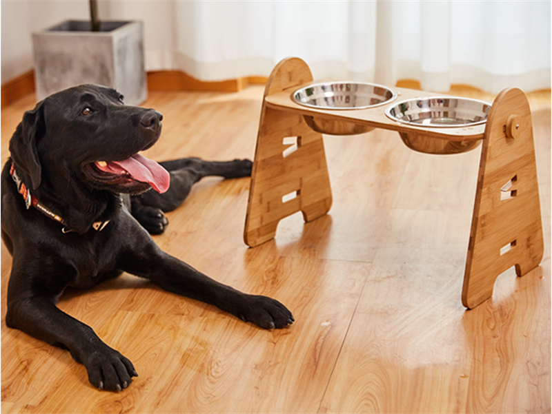 Medium And Large Dogs Dog Bowl Wood Stand Stainless Steel Double Bowl Pet Dog Bowl