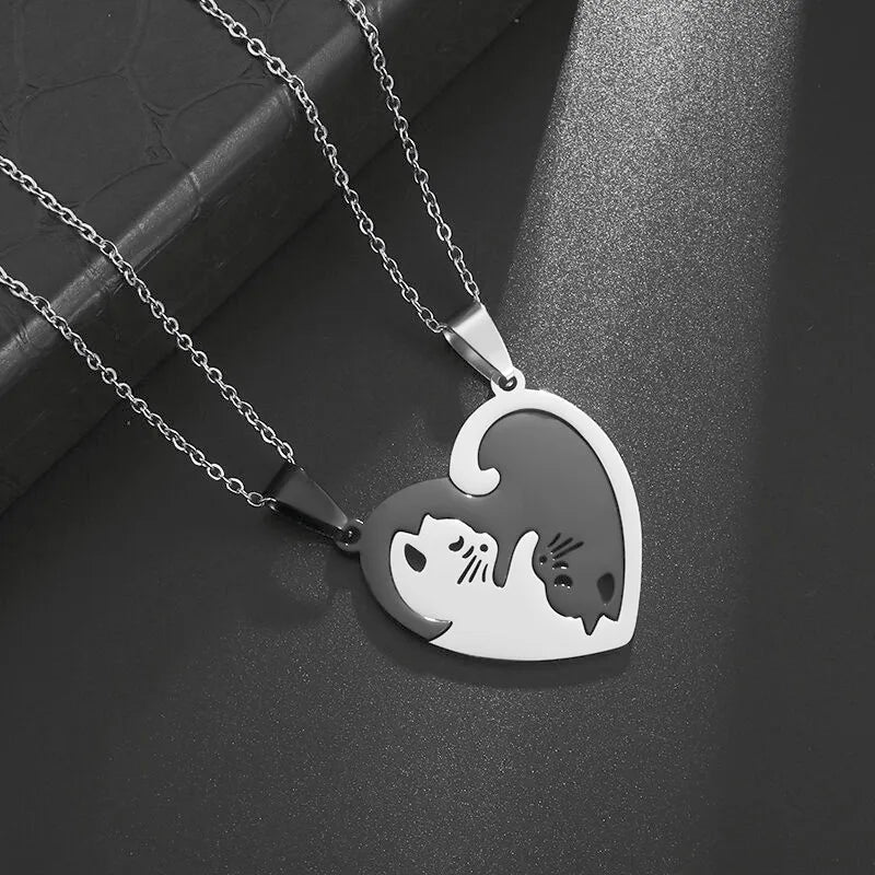 Hot Hug Love Cat Pairing Couple Necklace Fashion Stainless Steel For Men Women Best Friend Jewelry Gift