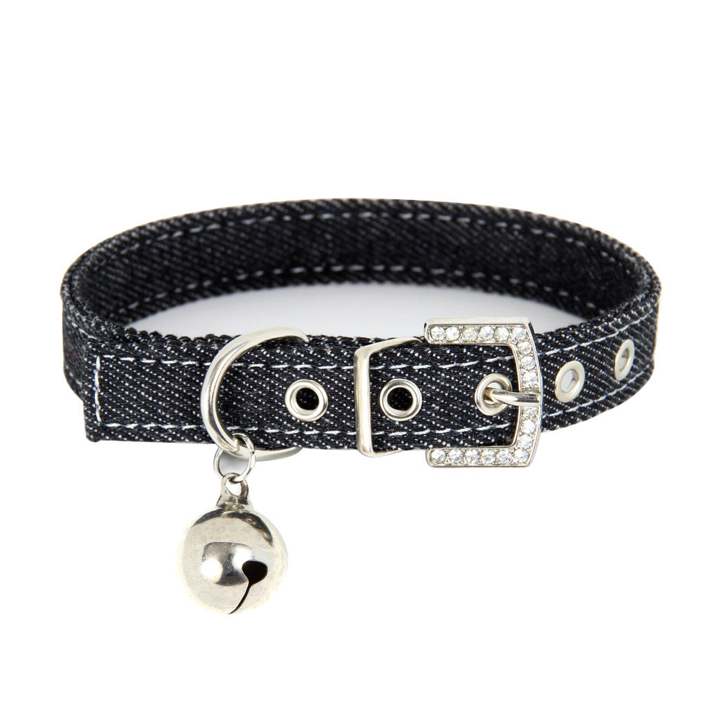 Pet Adjustable Collar With Bell Leather Denim