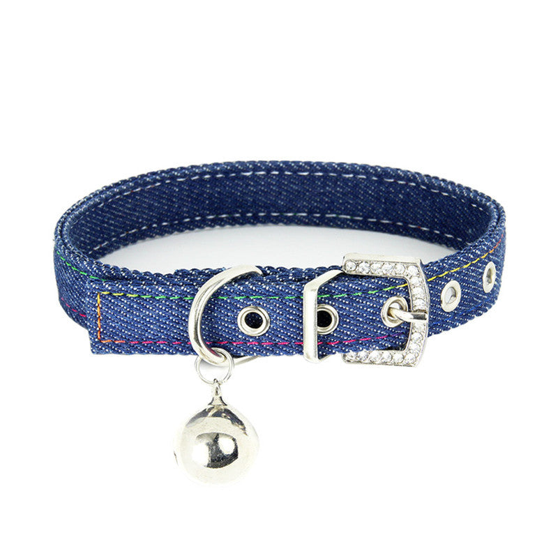 Pet Adjustable Collar With Bell Leather Denim