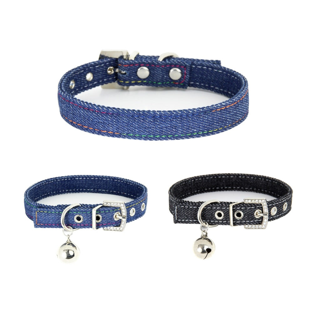 Pet Adjustable Collar With Bell Leather Denim