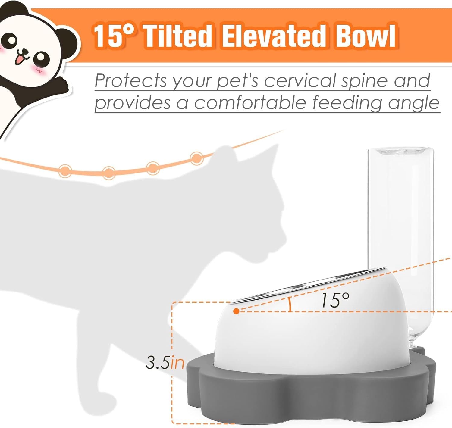 Elevated Panda Raised Stainless Steel Bowls With Automatic Water Dispenser Bottle For Pets