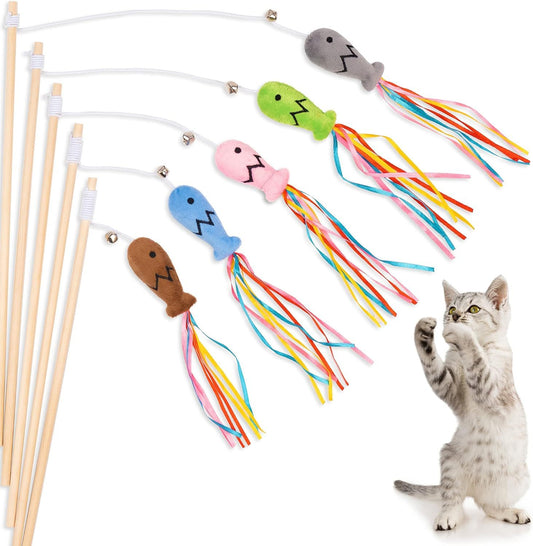 Cat Wand Toys Interactive Cat Toys With Catnip Fish Colorful Ribbons Bell For Kitty