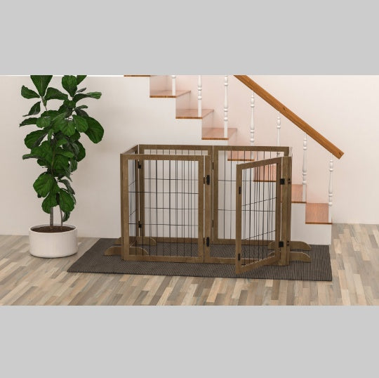 Dog Gate With 144 Extra Wide 32 Tall 6 Panels Foldable  Pet Gate Barrier For House Doorway Stairs Pet Safety Solid Hard Wood Fence Support