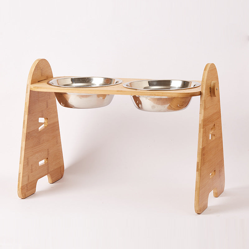 Medium And Large Dogs Dog Bowl Wood Stand Stainless Steel Double Bowl Pet Dog Bowl