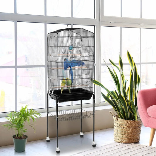 59.3 Rolling Bird Cage, Large Forged Iron Cage, Medium-sized Pet House, with Rolling Bracket and Storage Rack