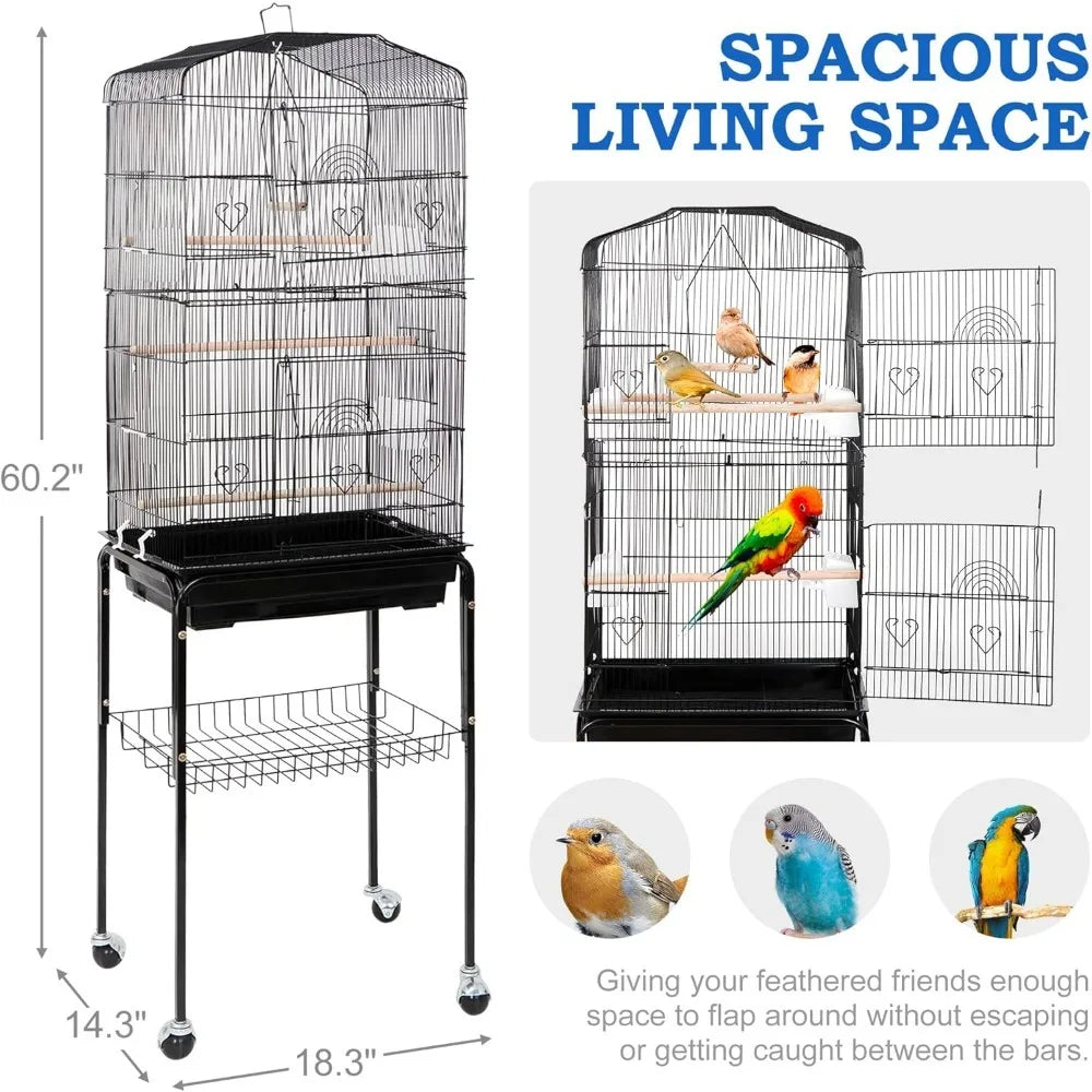 59.3 Rolling Bird Cage, Large Forged Iron Cage, Medium-sized Pet House, with Rolling Bracket and Storage Rack