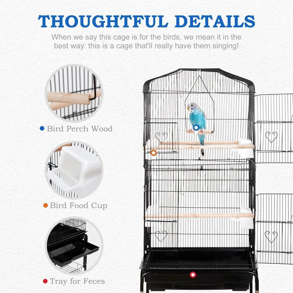 59.3 Rolling Bird Cage, Large Forged Iron Cage, Medium-sized Pet House, with Rolling Bracket and Storage Rack