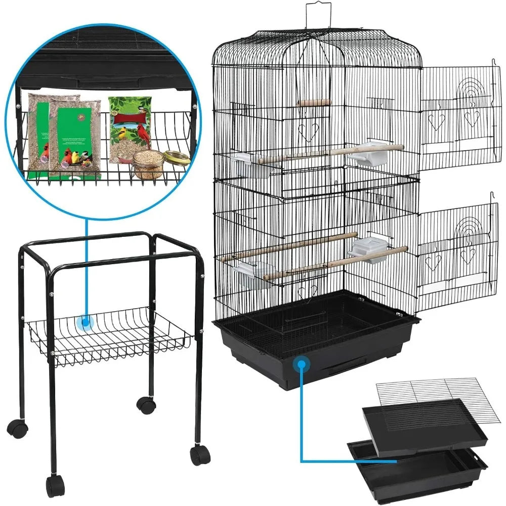 59.3 Rolling Bird Cage, Large Forged Iron Cage, Medium-sized Pet House, with Rolling Bracket and Storage Rack