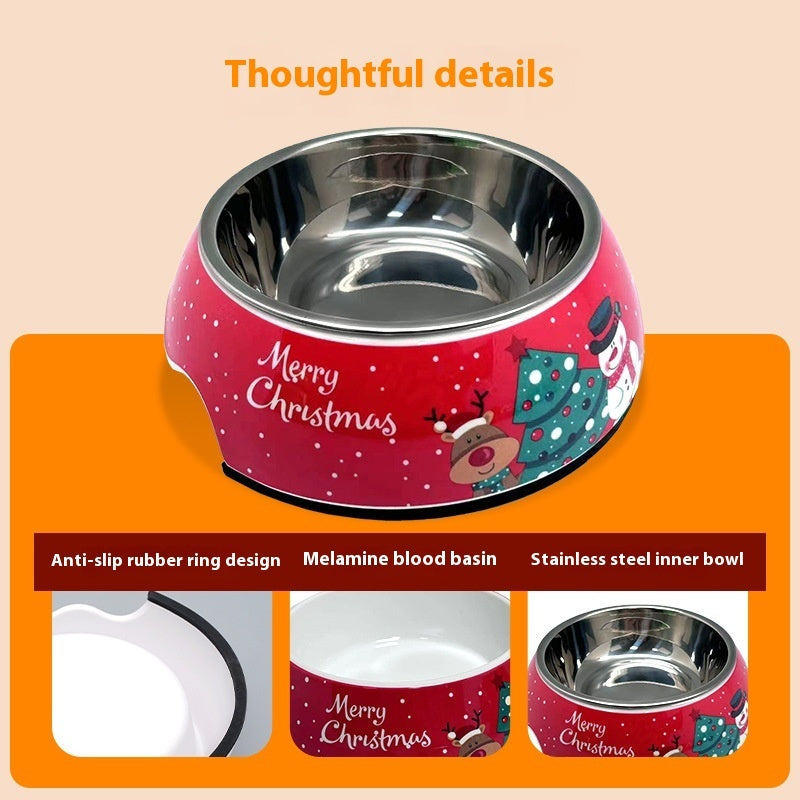 Christmas Dog Pet Bowl Stainless Steel Double Layer Bowl