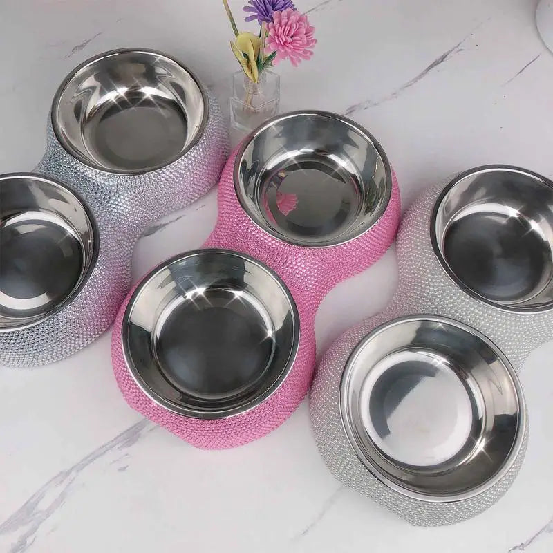 Rhinestone Bling Stainless Steel Pet Bowls Double Food Water Feeder