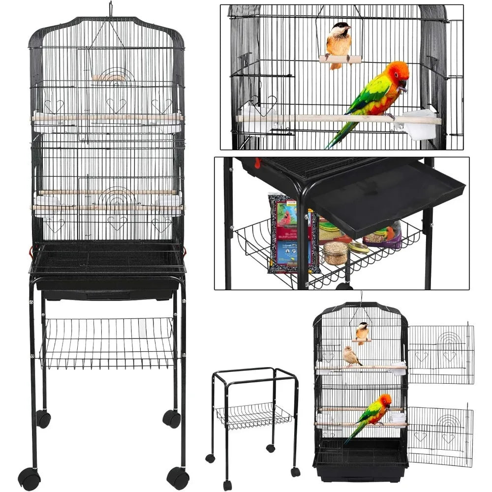 59.3 Rolling Bird Cage, Large Forged Iron Cage, Medium-sized Pet House, with Rolling Bracket and Storage Rack