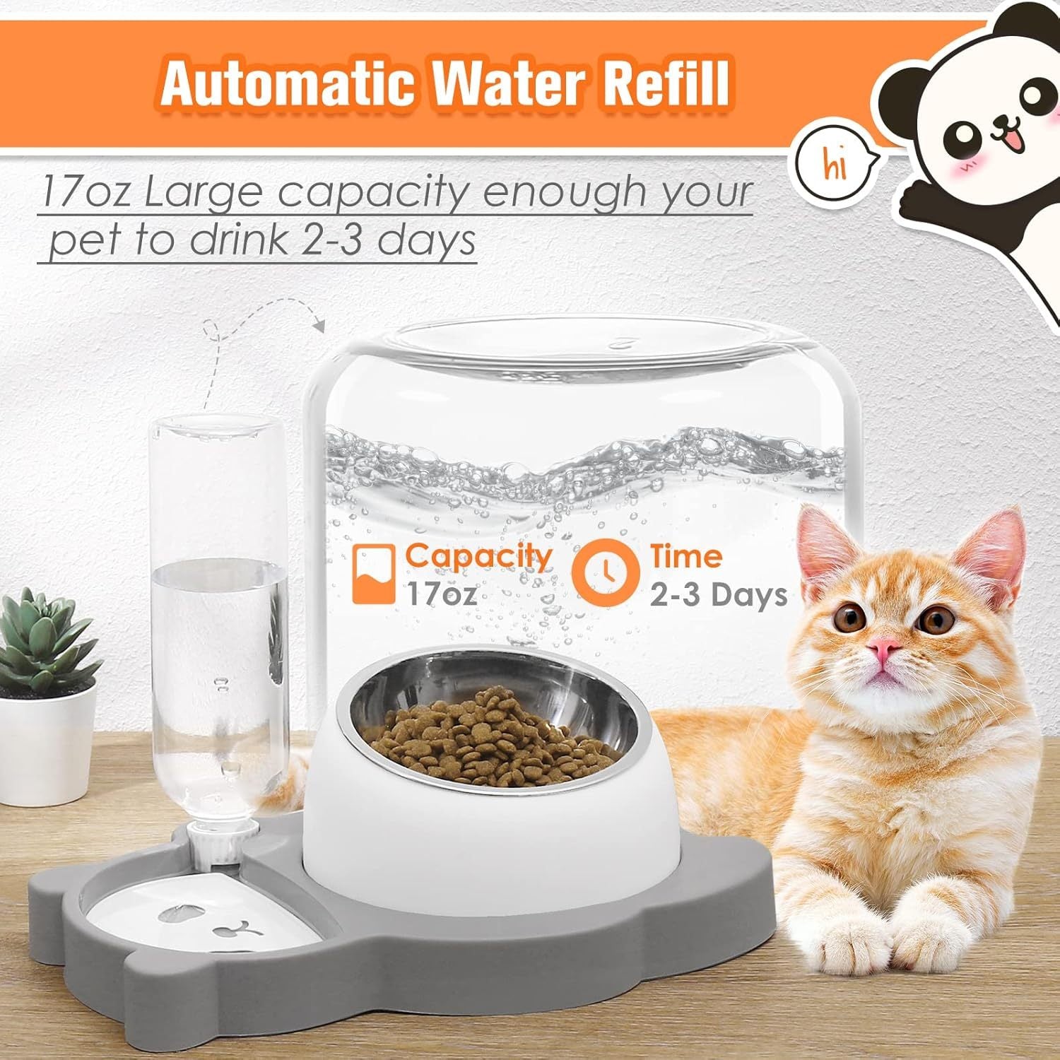 Elevated Panda Raised Stainless Steel Bowls With Automatic Water Dispenser Bottle For Pets