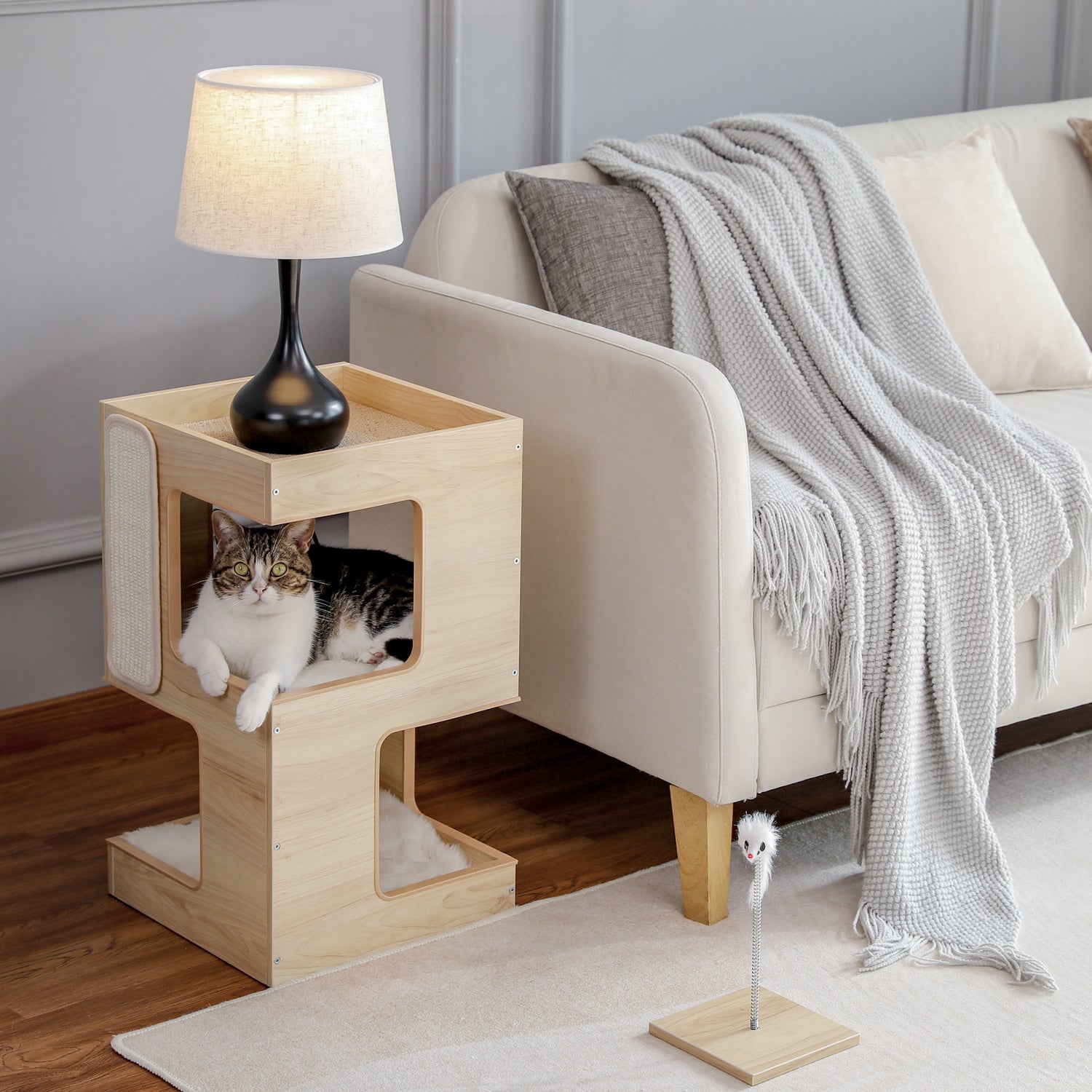 Solid Wood Double Layer Cat Nightstand Tower