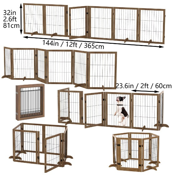 Dog Gate With 144 Extra Wide 32 Tall 6 Panels Foldable  Pet Gate Barrier For House Doorway Stairs Pet Safety Solid Hard Wood Fence Support