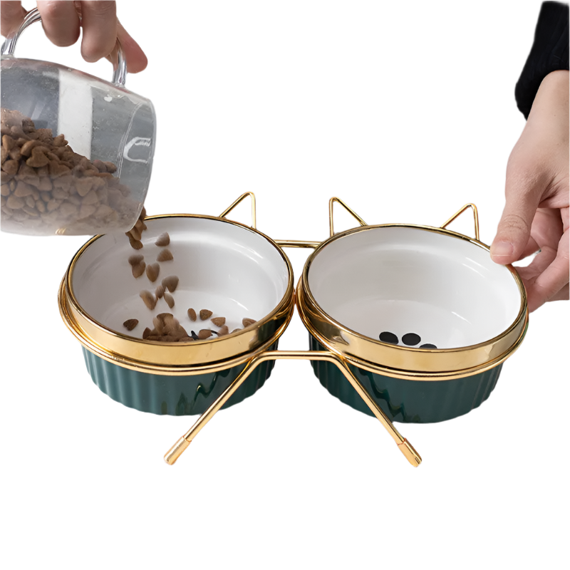 Cat Ceramic Bowl Pet Feeder with Metal Stand Elevated Feeding Raised Dish