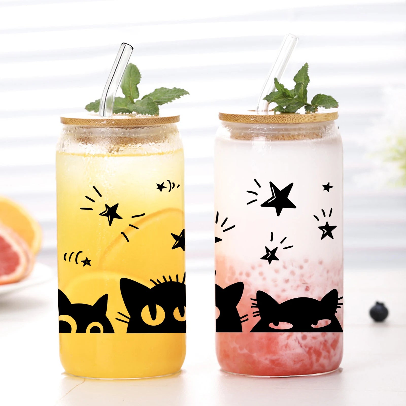 Cat Pattern 3d Printed 16oz Glass Mug With Lid & Straw Gifts