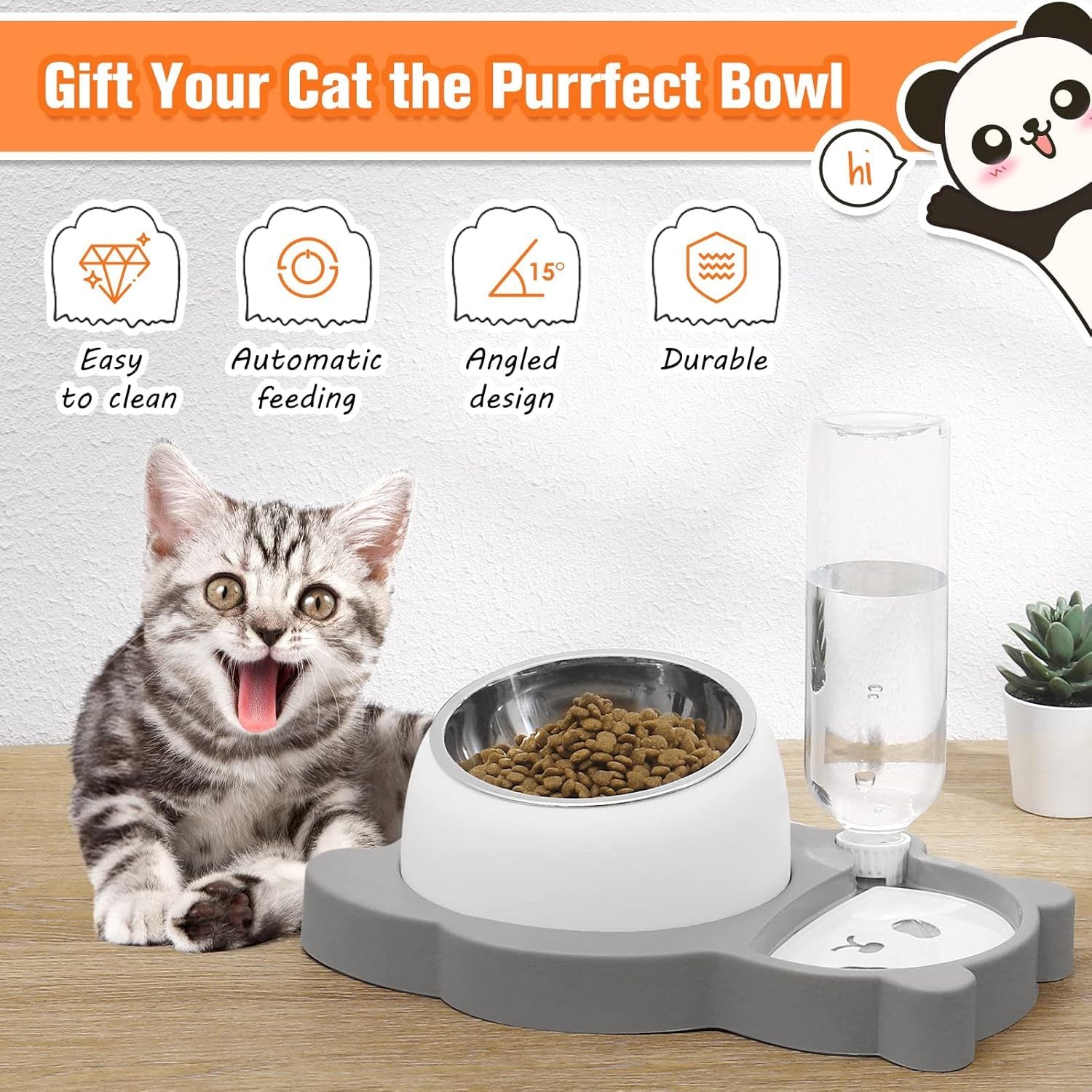 Elevated Panda Raised Stainless Steel Bowls With Automatic Water Dispenser Bottle For Pets